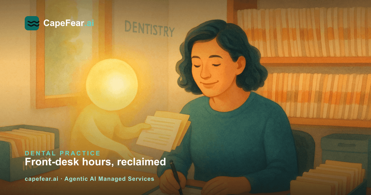 Dental office front desk administrator working calmly with organized patient files and an AI assistant