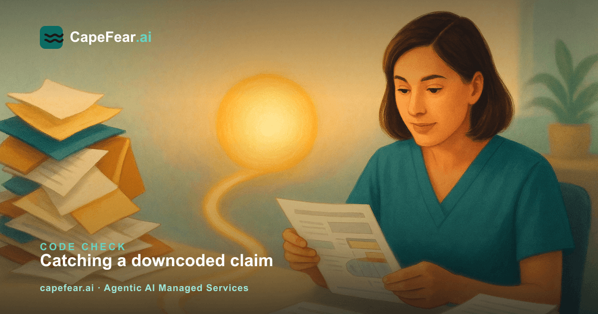 A dental office manager reviewing insurance EOB paperwork beside a glowing AI orb that flags a downcoded claim