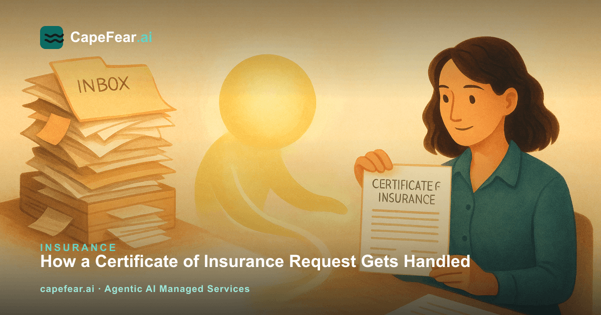 Insurance agency staff reviewing a certificate of insurance draft next to a glowing AI assistant orb