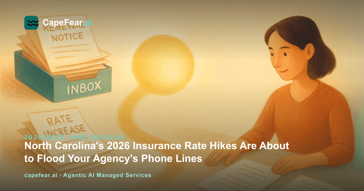 Insurance renewal notices flowing through a glowing AI orb into organized client outreach messages