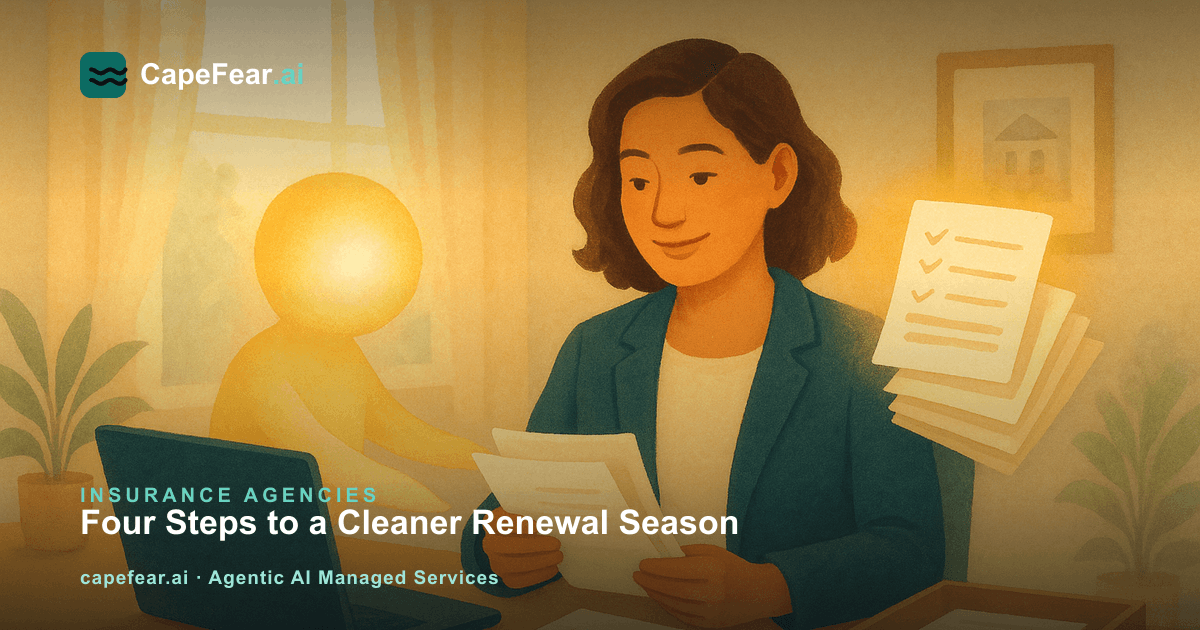 Insurance agent reviewing an organized renewal workflow with AI assistance