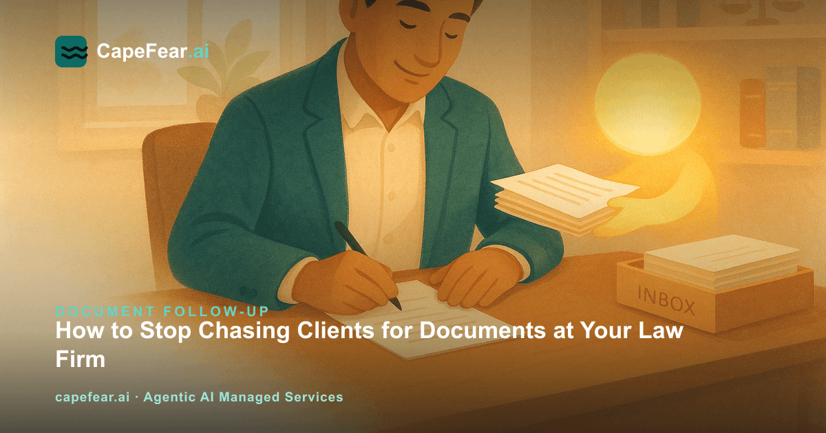 Attorney reviewing organized client documents with an AI assistant beside them