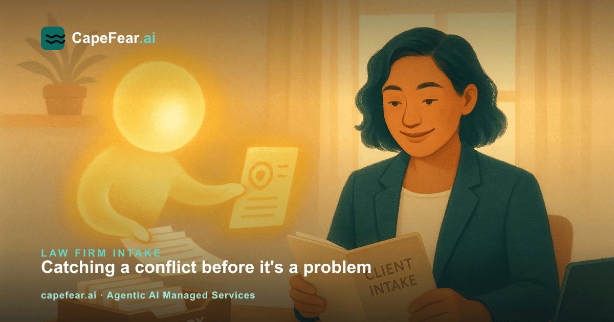An attorney reviewing a new client intake file next to a glowing AI orb flagging a possible conflict of interest match