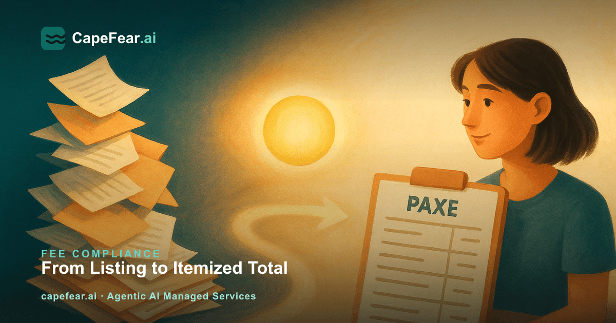 Flow diagram showing a rental listing checked against its fee schedule, an itemized total drafted, and a person approving it before publishing