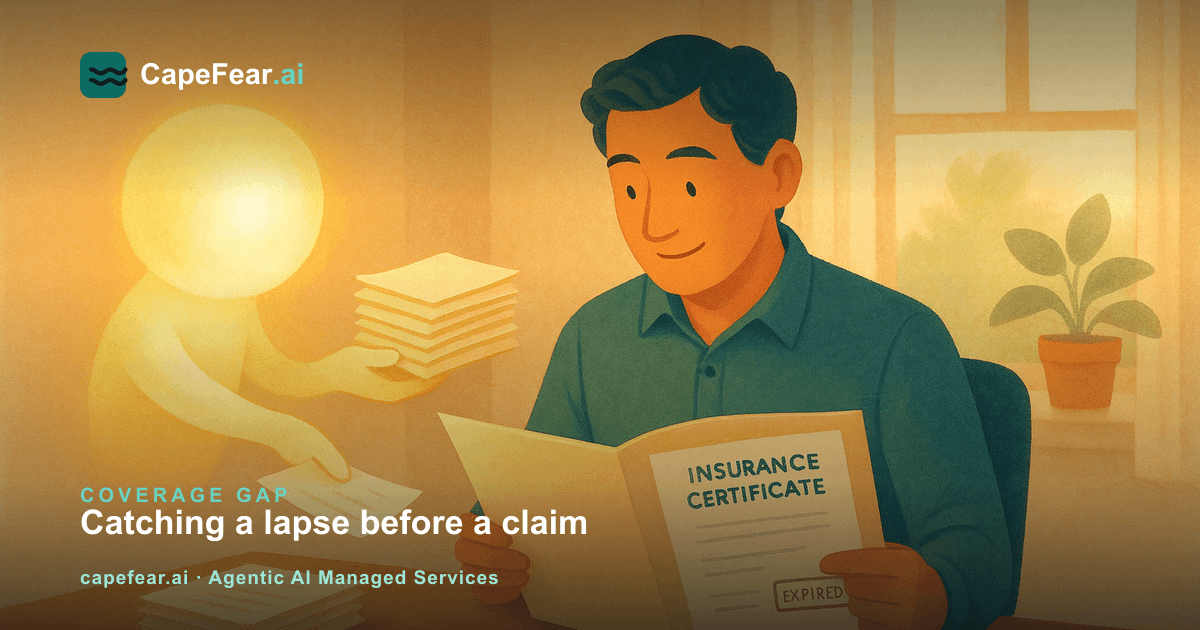 A property manager reviewing tenant insurance certificates beside a glowing AI orb highlighting an expired policy