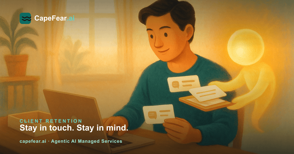 A small business owner reviewing AI-drafted client check-in messages at a desk, a warm glowing AI orb nearby