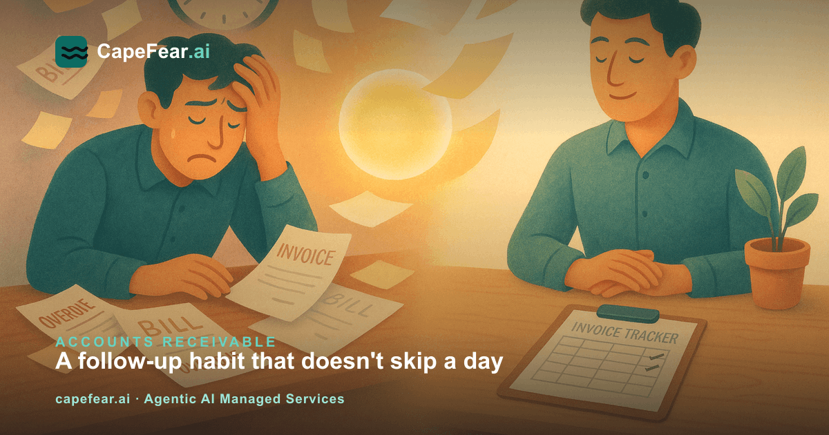 A follow-up workflow for overdue invoices: AR aging watched automatically, reminders drafted on a fixed schedule, and a person approving what actually sends.
