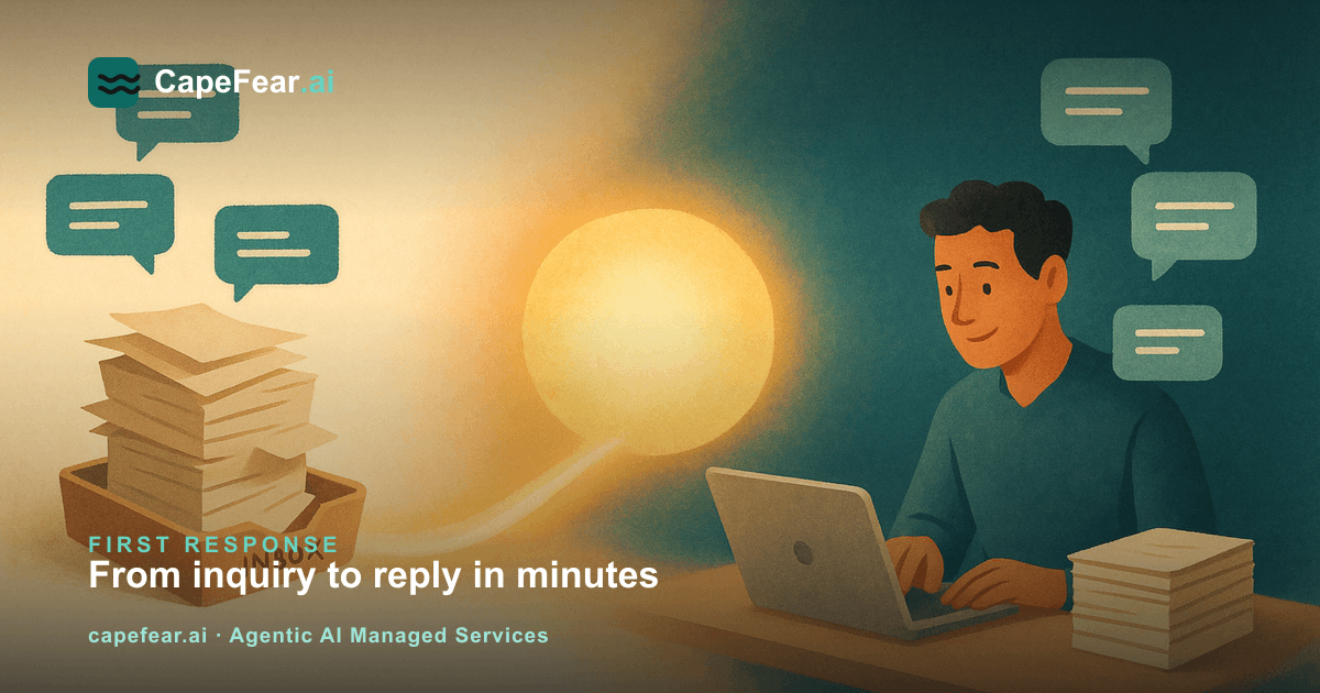 Inquiry messages flowing through a warm glowing AI orb into organized, timely responses for a small service business owner