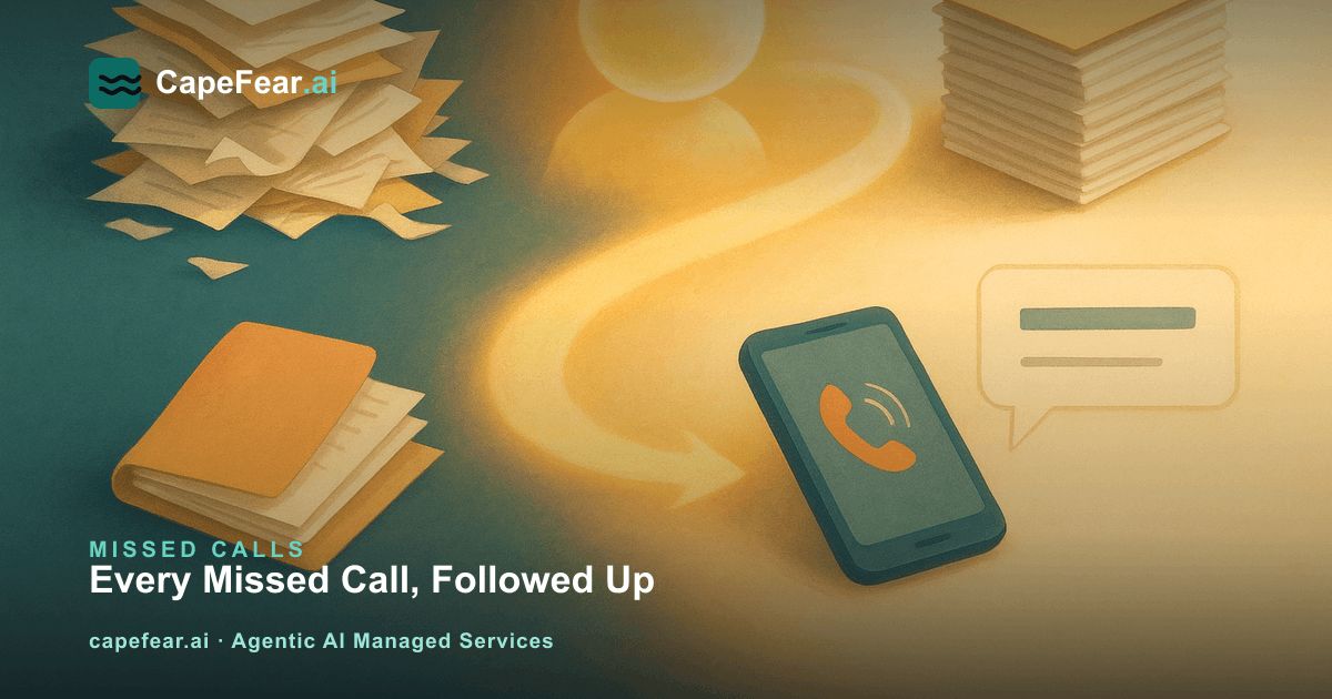 Illustration of a missed business call flowing into an automated text follow-up and a calm owner reviewing the result