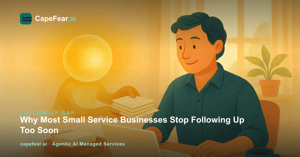 Small business owner working calmly at a desk while a glowing AI assistant organizes client follow-up tasks beside them