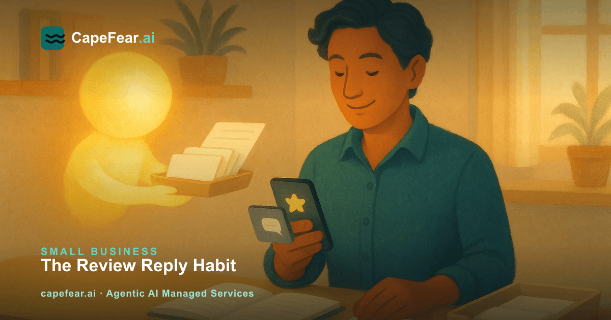 A steady review-reply workflow: new reviews get a drafted response, a person approves it, and review requests go out at the right moment after each job.