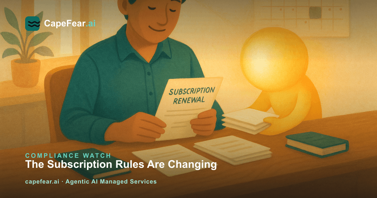 Illustration of a small business owner managing subscription renewal and cancellation notices with AI assistance