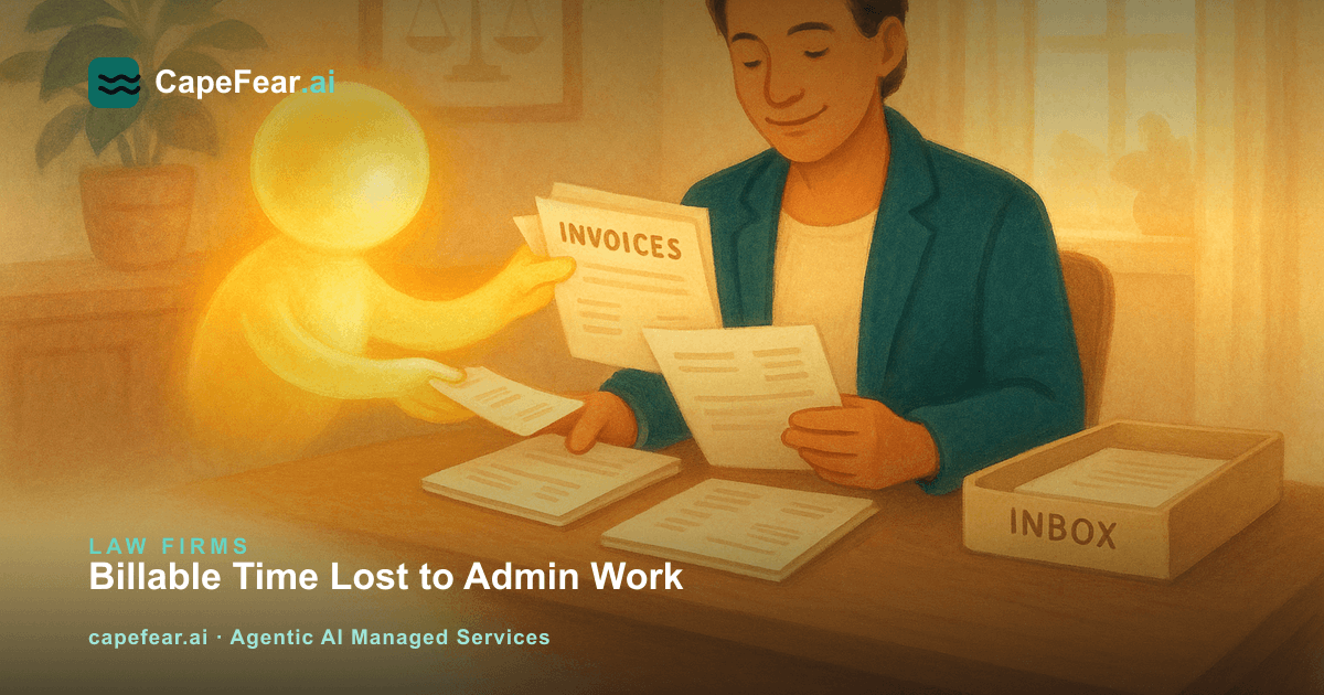 Attorney reviewing billing paperwork with a glowing AI assistant handing over organized invoices