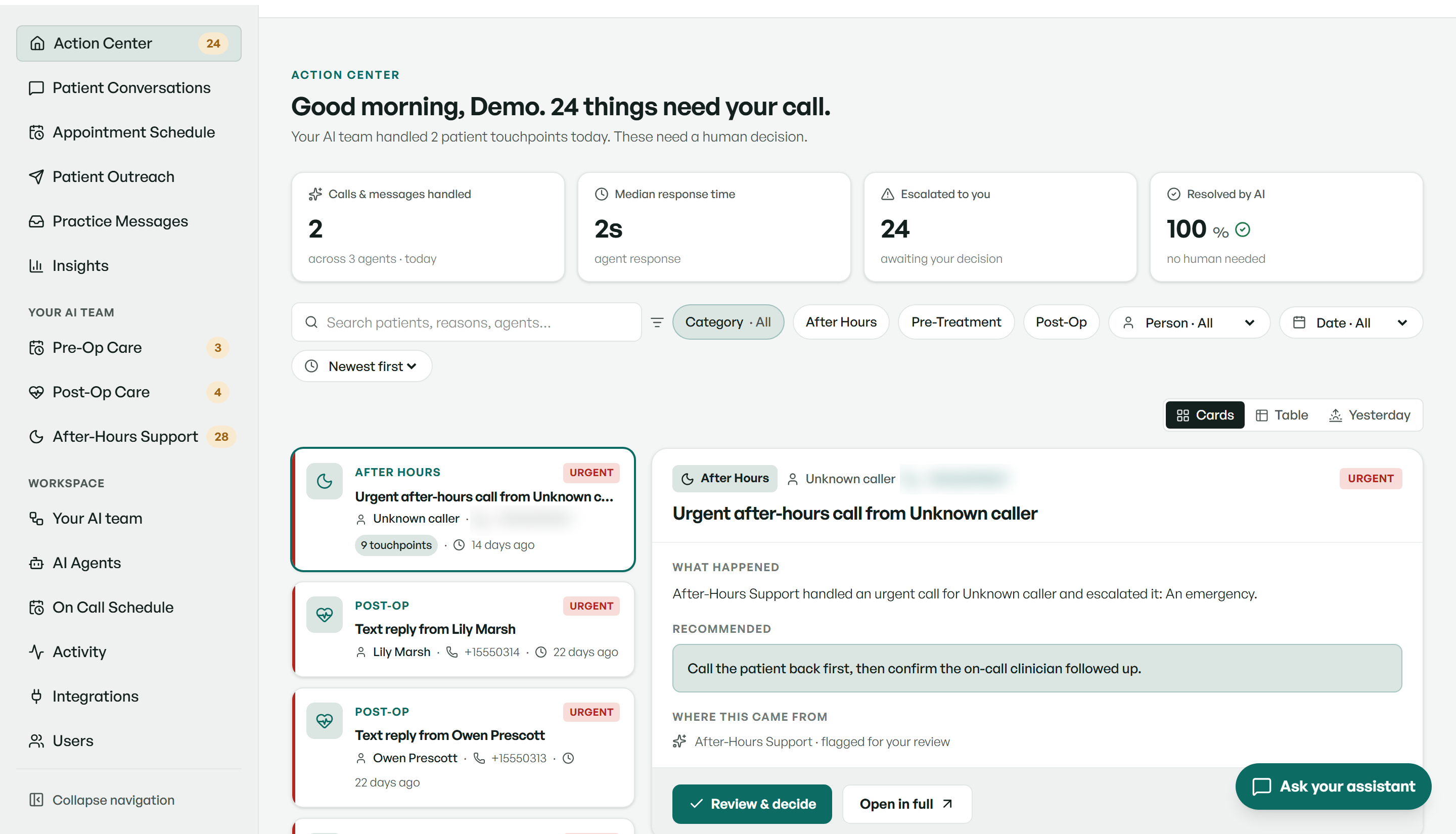 The platform's Action Center: calls handled overnight and the decisions waiting on a person