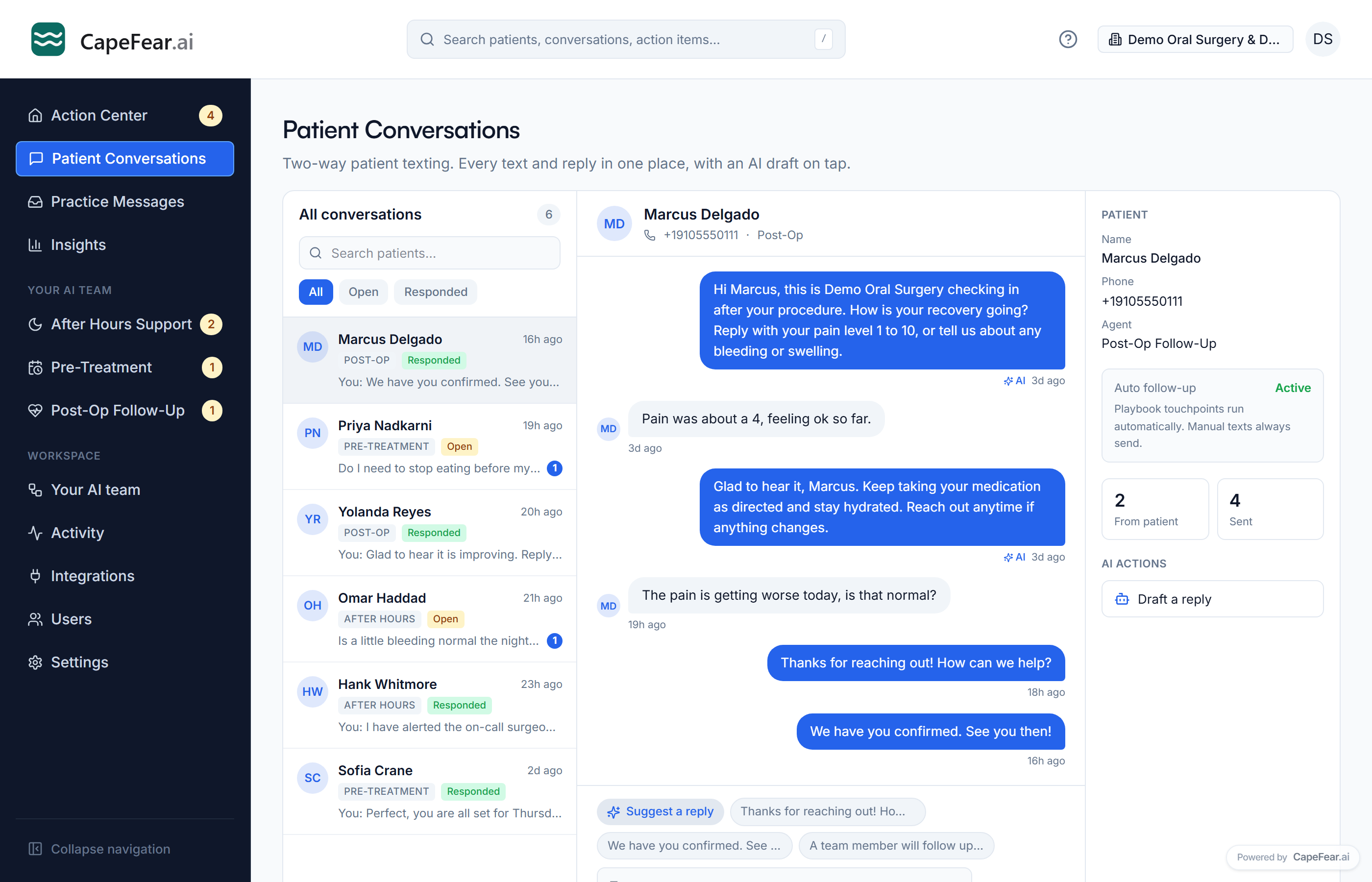 The CapeFear.ai patient messaging console: two-way patient texting with AI-drafted replies, in one place